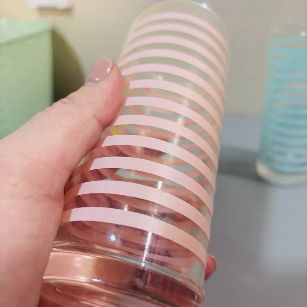 2 Libbey Vintage Mid Century Modern Retro Teal Pink Striped Highball Bar Glasses